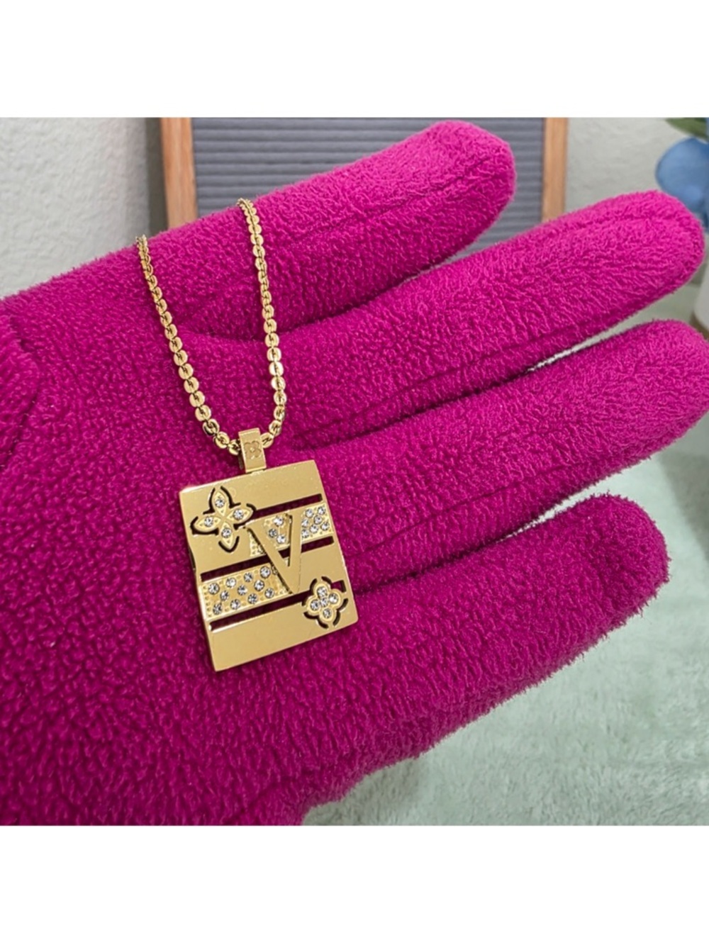 Gold Letter V Pendant Necklace with Crystal Accents